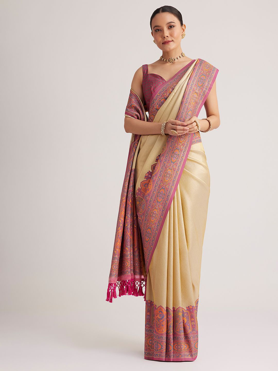 

KALKI Fashion Zari Silk Blend Saree, Gold