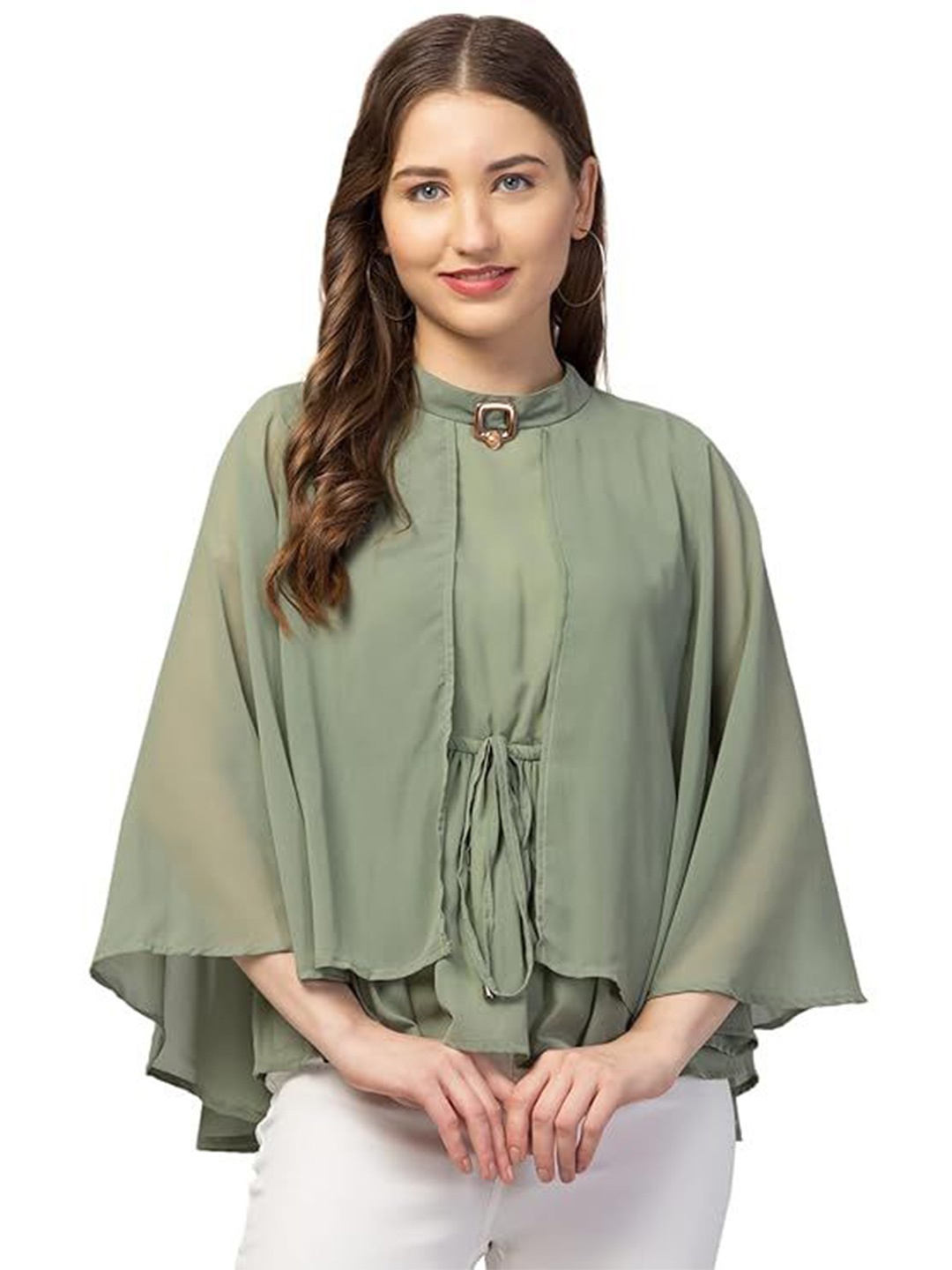 

My Swag Halter Neck Batwing Sleeve Georgette Top, Green
