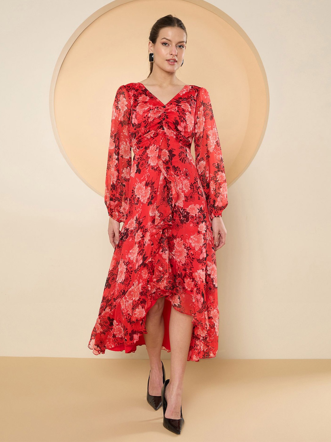 

Antheaa Floral Print Flared Sleeve Chiffon A-Line Midi Dress, Red