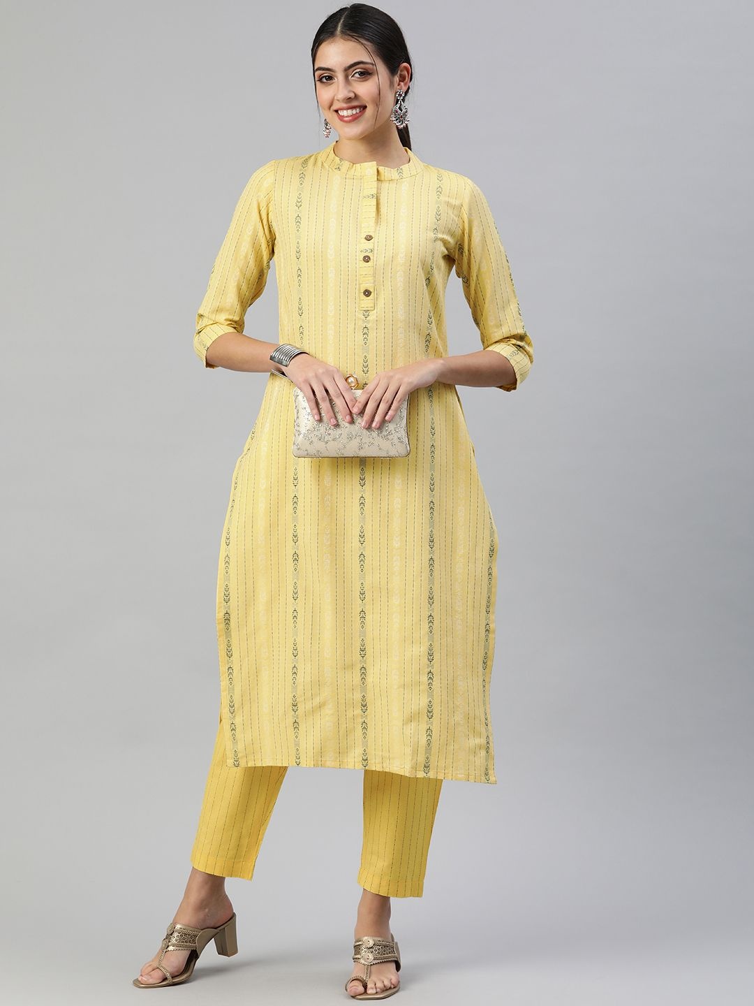 

KALINI Selection Of 2 Striped Mandarin Collar Straight Kurtas With Trousers, Yellow