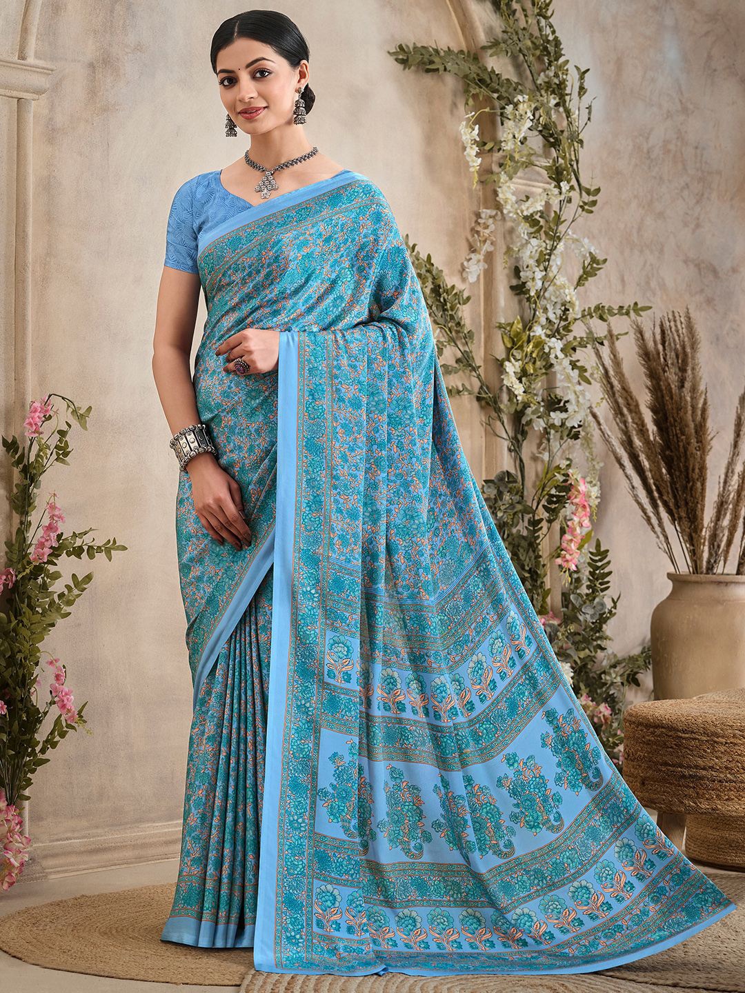 

Panzora Floral Poly Crepe Designer Saree, Blue