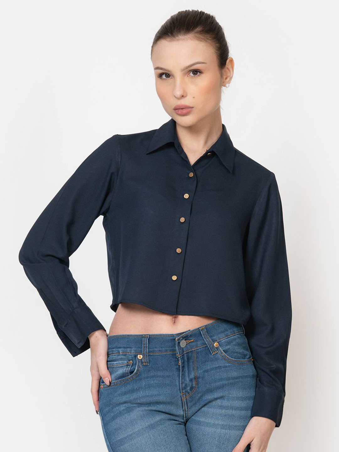 

June 9 Clothing Women Classic Boxy Fit Spread Collar Solid Casual Shirt, Navy blue