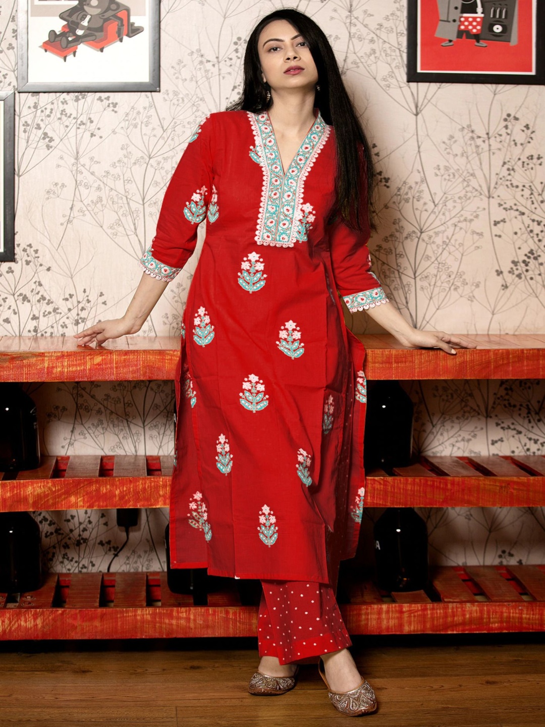 

KALINI Floral Printed V-Neck Straight Kurta With Palazzos And Dupatta, Red