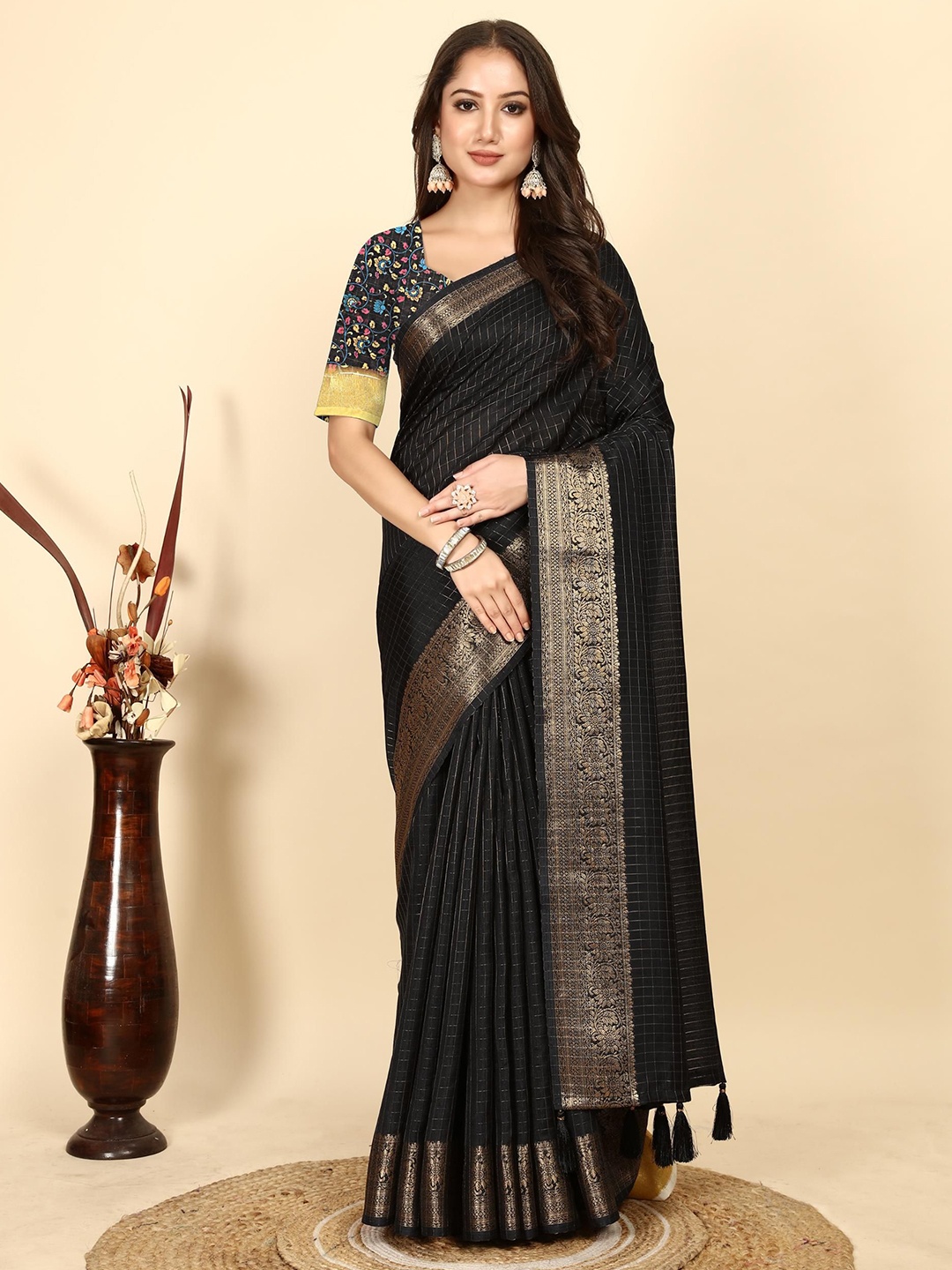 

J 6 DESIGNER Woven Design Zari Art Silk Block Print Saree, Black