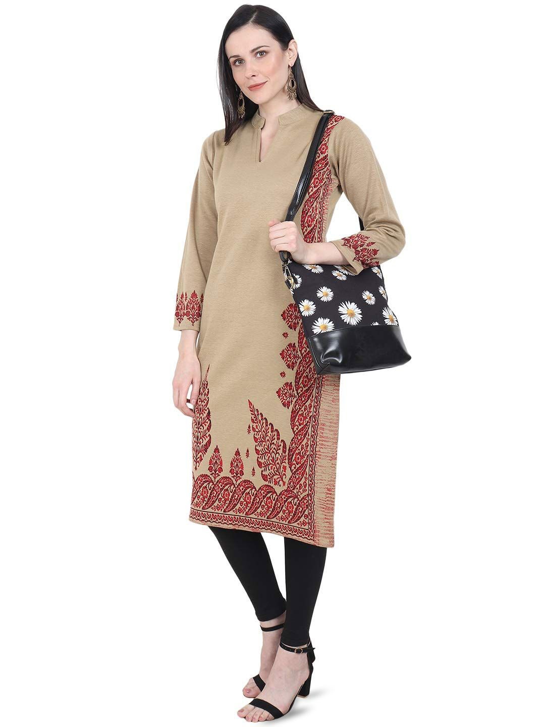 

ROSARY Floral Woven Design Mandarin Collar Jacquard Woolen StraightKurta, Camel brown