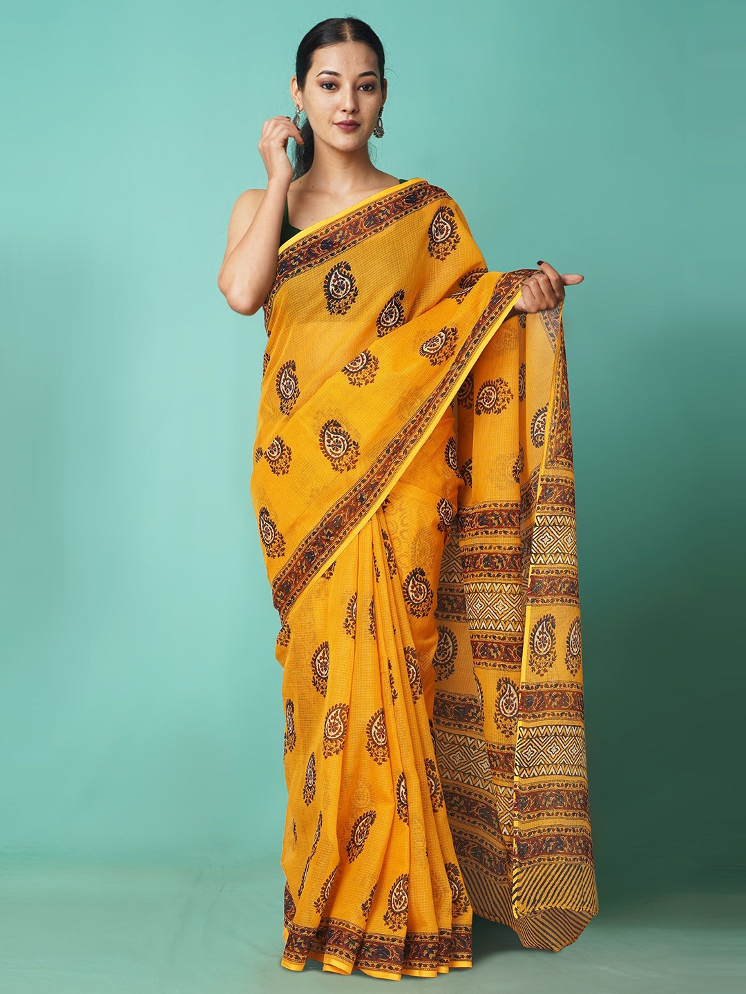 

Unnati Silks Ethnic Motifs Net Handloom Kota Saree, Yellow