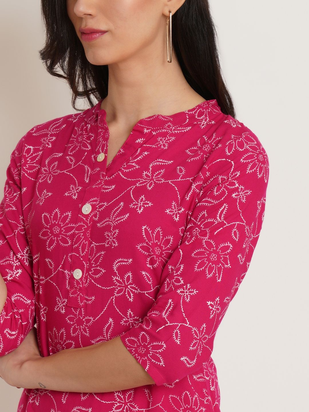 Brownverse Floral Printed Mandarin Collar Cotton Straight Kurta, Pink
