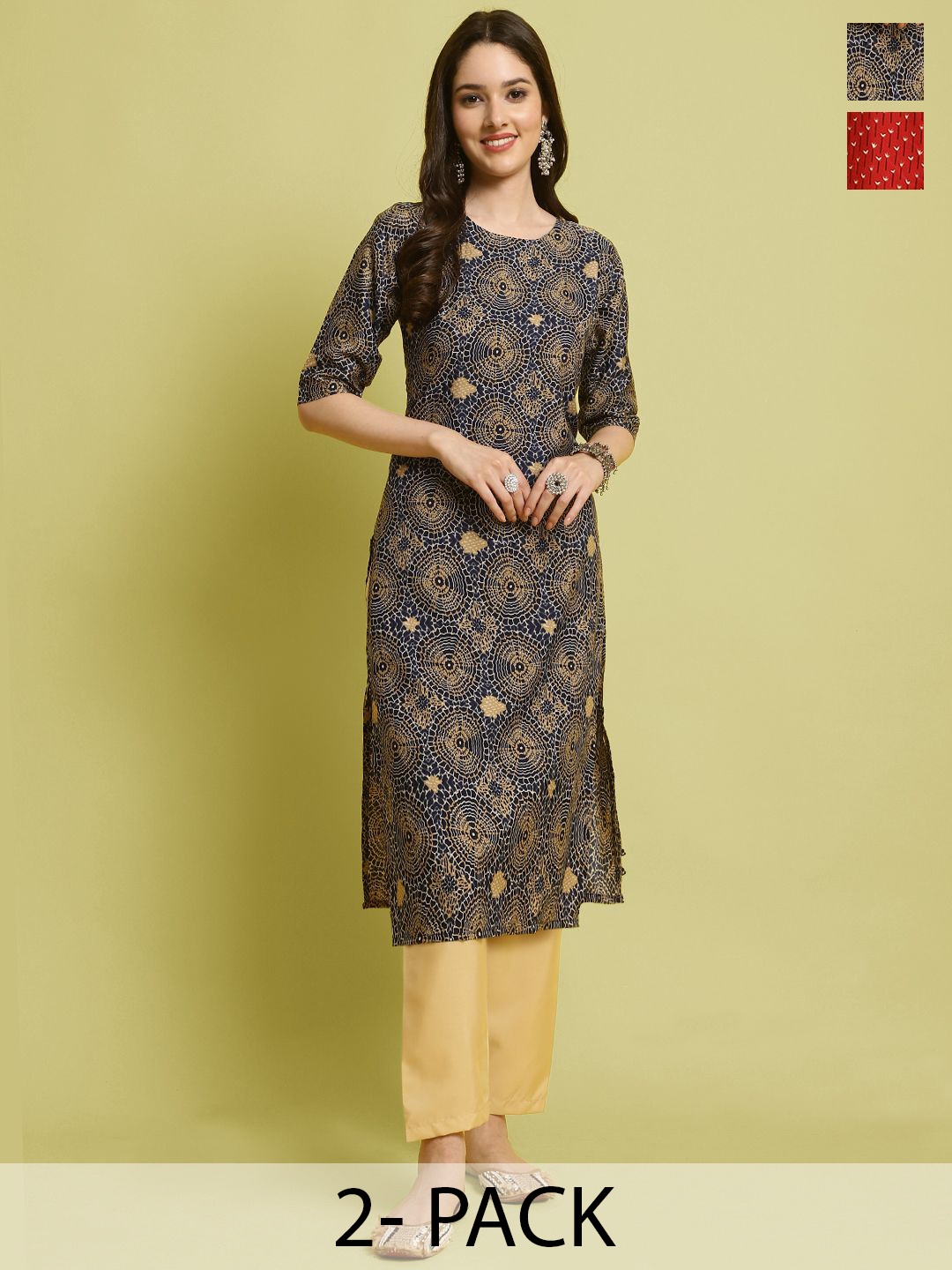 

7Threads Selection Of 2 Geometric Printed Round Neck Straight Kurta With Trousers, Navy blue