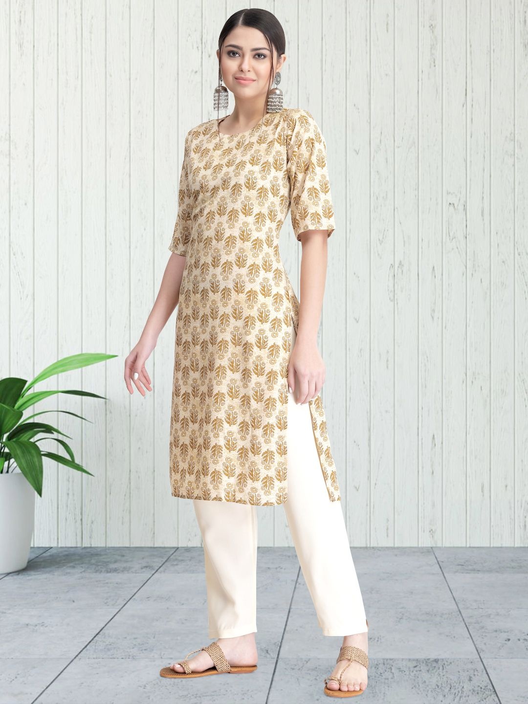 

7Threads Ethnic Motifs Printed Round Neck Straight Kurta With Trouser, Beige