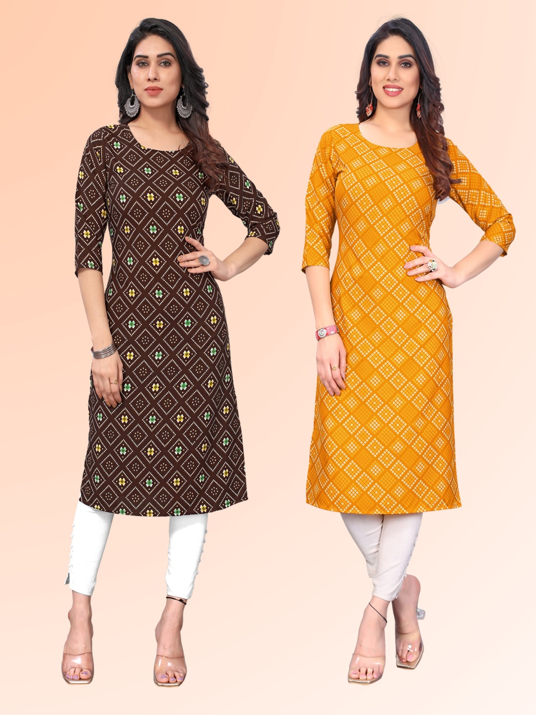 

KETAKI FASHION Selection Of 2 Bandhani Printed Round Neck Straight Kurtas, Yellow