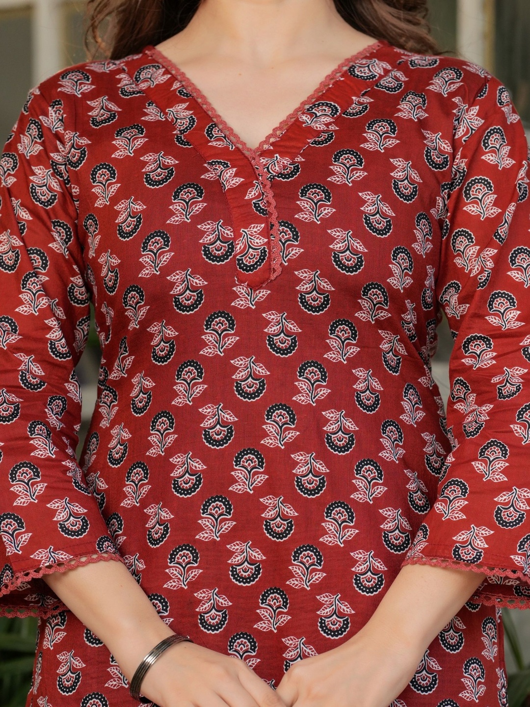 

KALINI Floral Printed Thread Work Pure Cotton Straight Kurta With Trouser & Dupatta, Rust