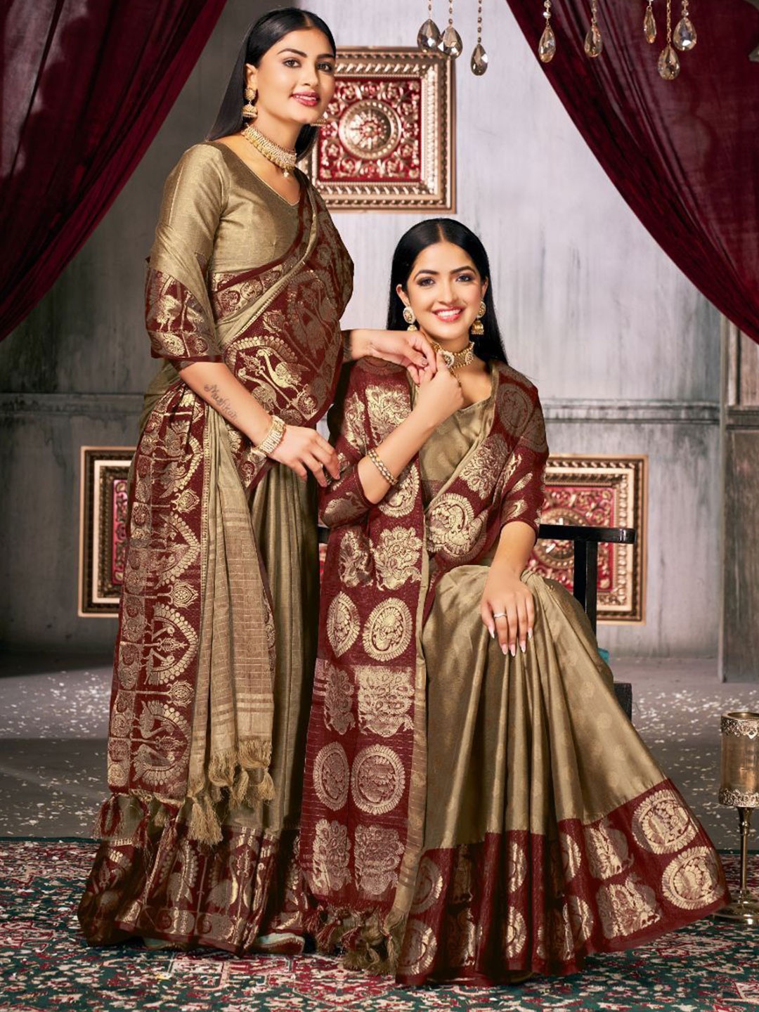 

choiceit Floral Zari Pure Silk Saree, Beige