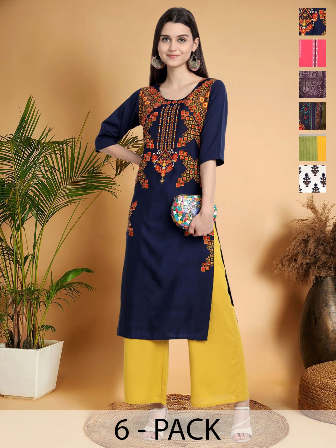 

7Threads Selection Of 6 Ethnic Motifs Printed Round Neck Kurtas, Red