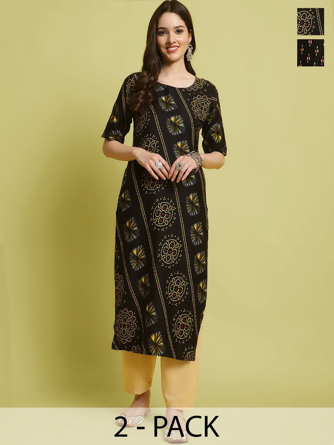 

7Threads Selection Of 2 Ethnic Motifs Printed Straight Kurta With Trousers, Black