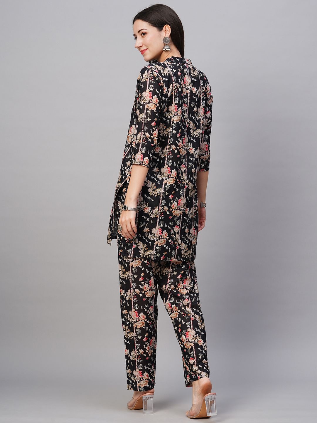

Moda Rapido Floral Printed Mandarin Collar Pure Cotton Tunic With Trouser, Black