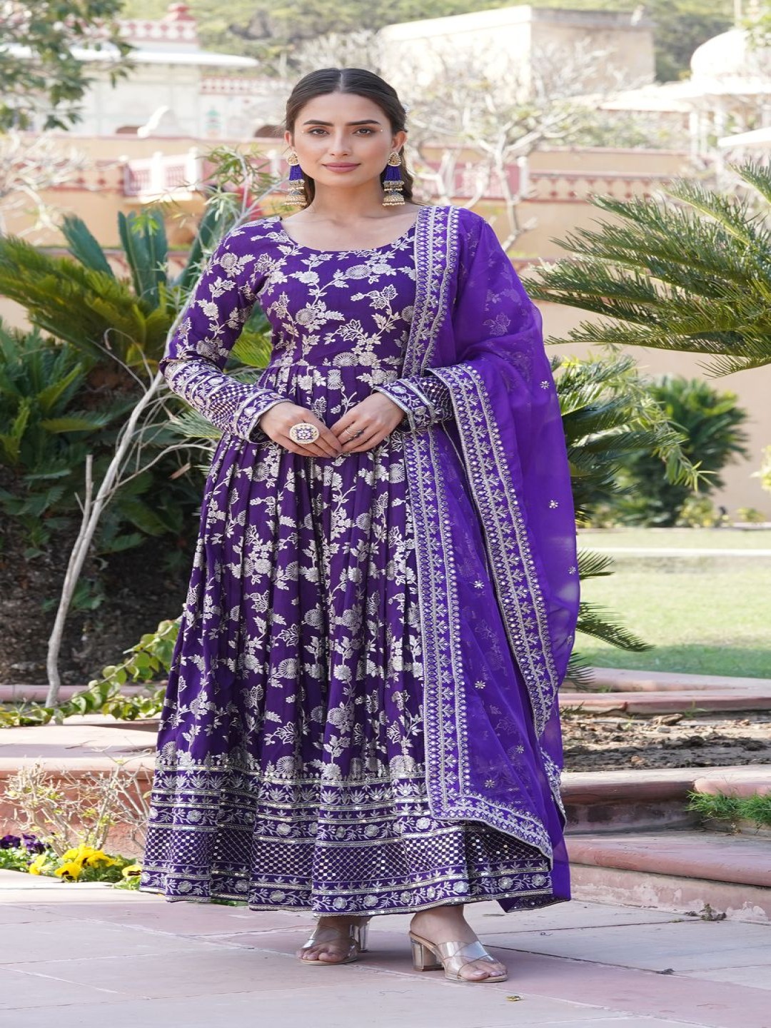 

KALINI Zari Embroidered Round Neck Anarkali Ethnic Dress, Purple