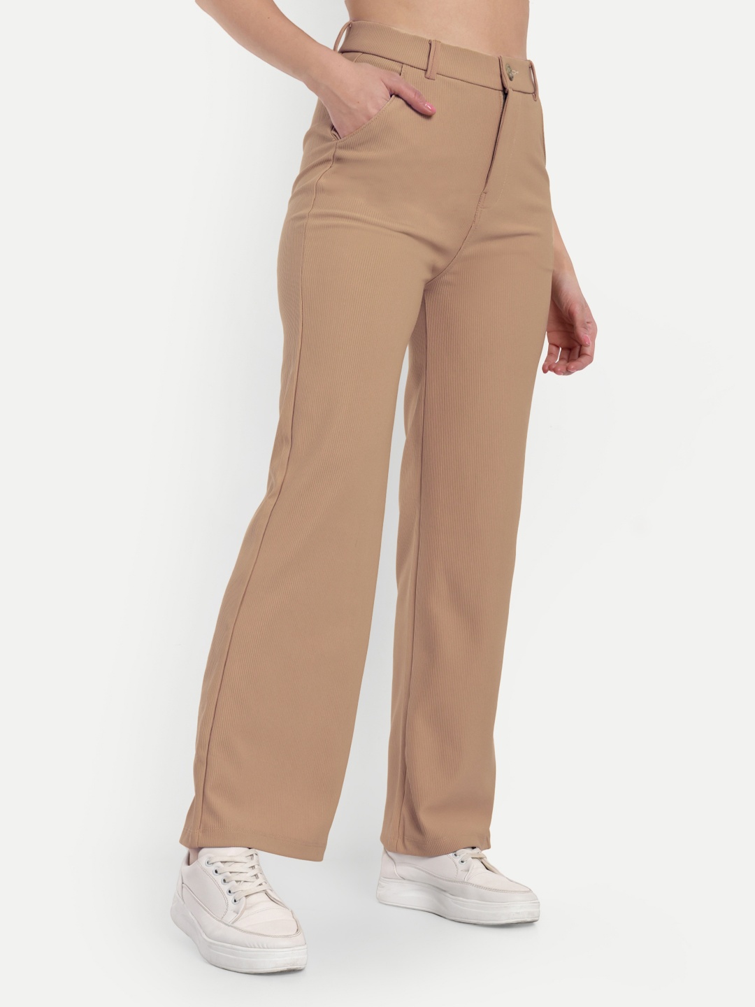 

Next One Women Smart Straight Fit High-Rise Easy Wash Corduroy Trousers, Beige