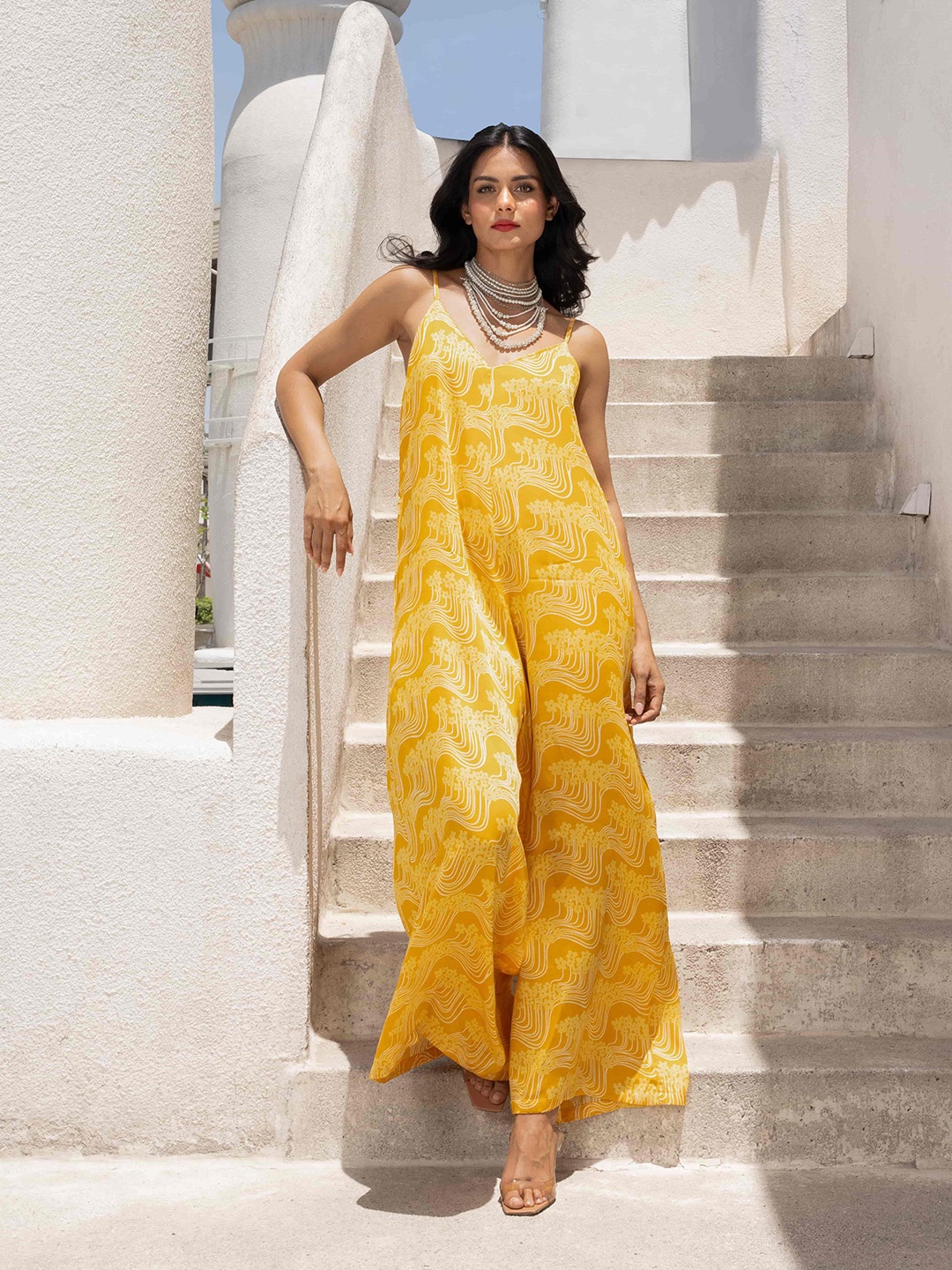 

Pallavi Jaipur Gulbahar Marigold Printed Shoulder Straps Basic Jumpsuit And Shirt, Yellow