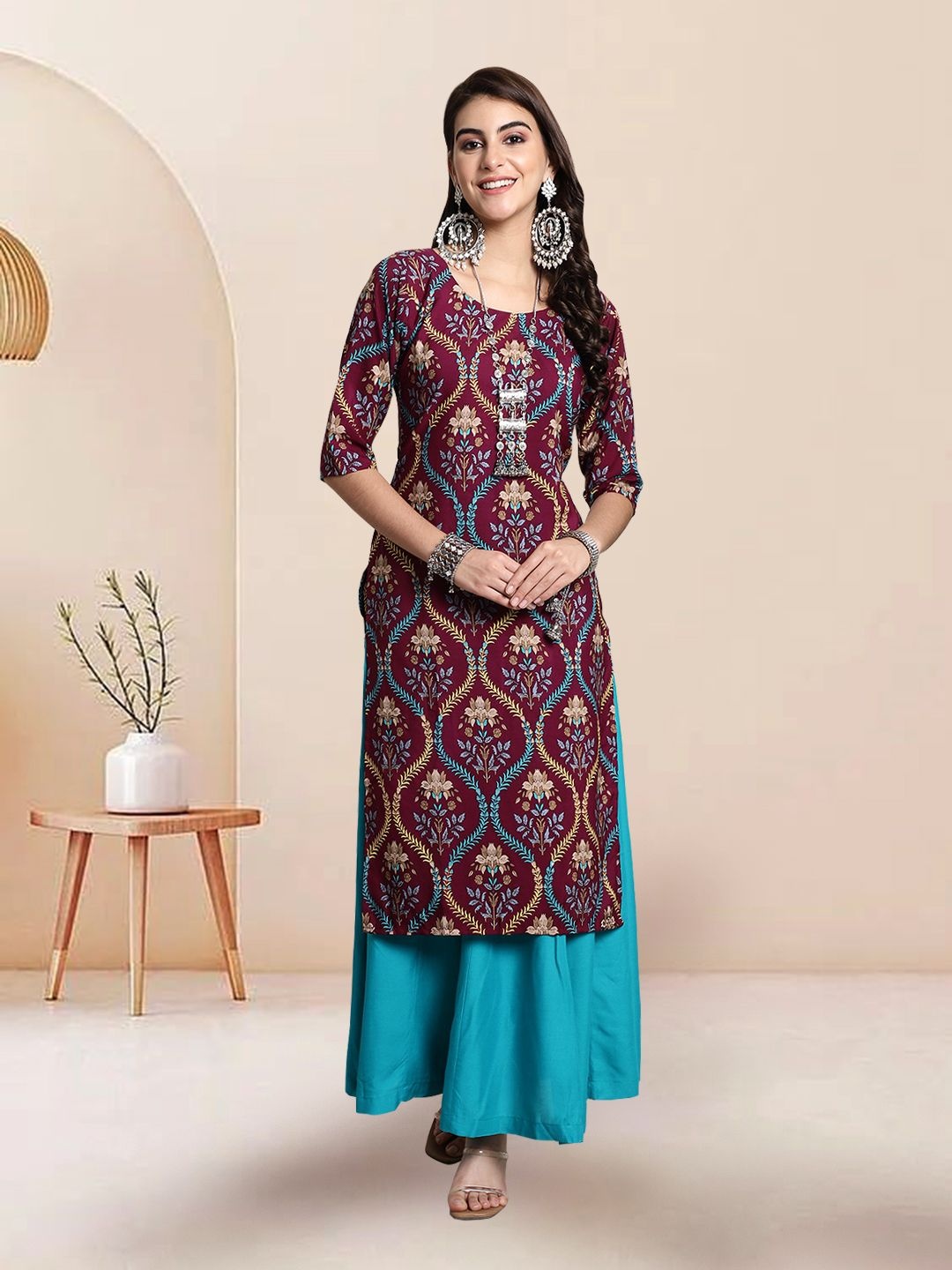 

7Threads Selection Of 3 Ethnic Motifs Printed Round Neck Straight Kurtas, Burgundy
