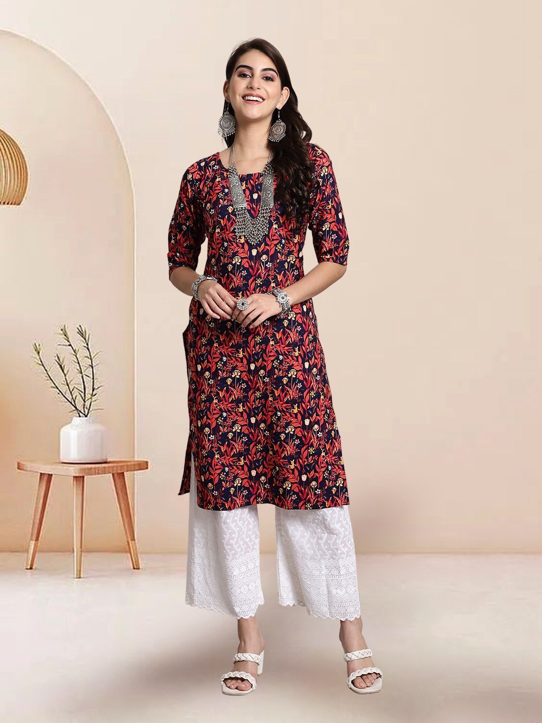

7Threads Selection Of 6 Floral Printed Round Neck Straight Kurtas, Blue