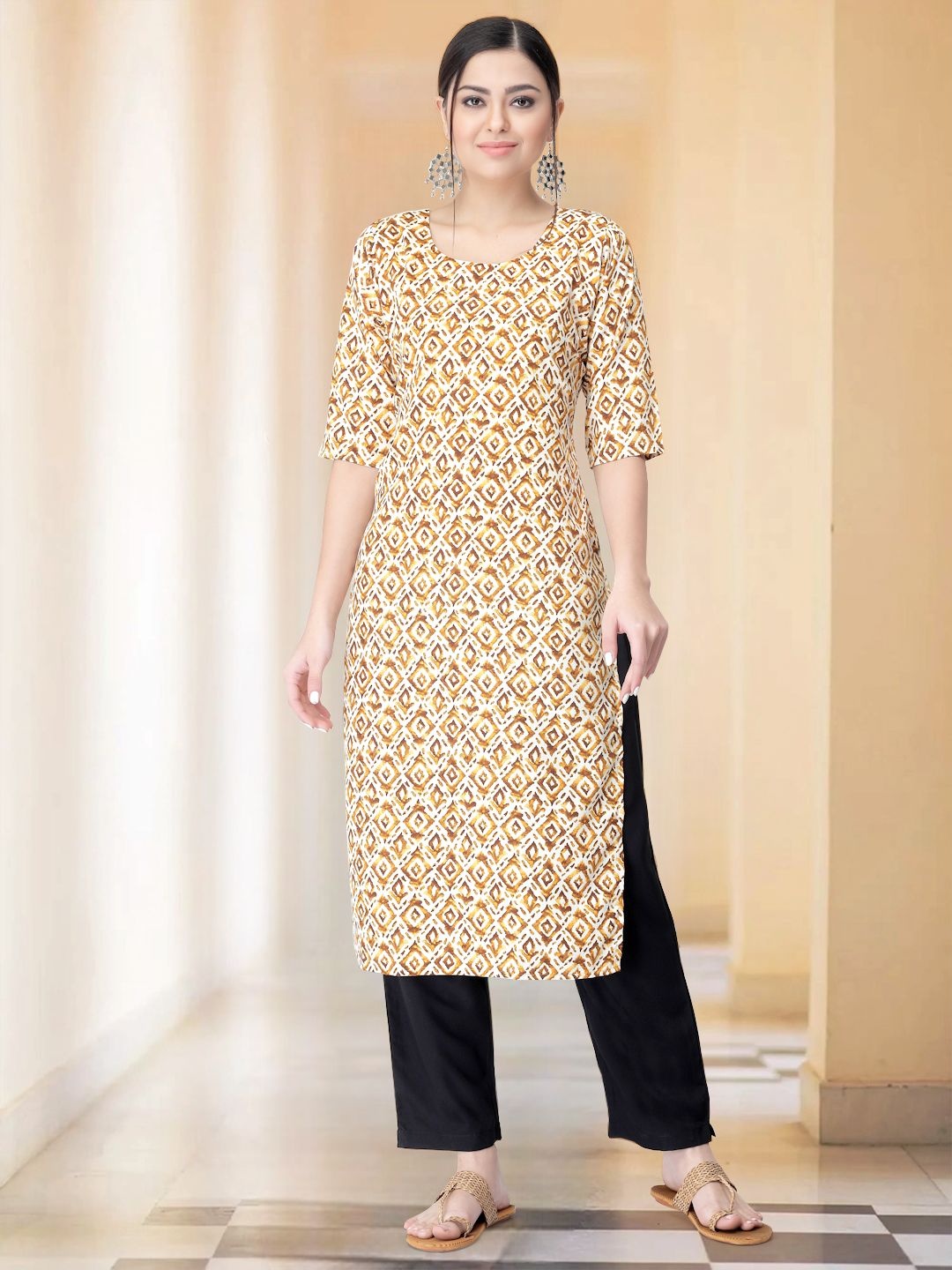 

7Threads Geometric Printed Round Neck Straight Kurta With Trouser, Beige