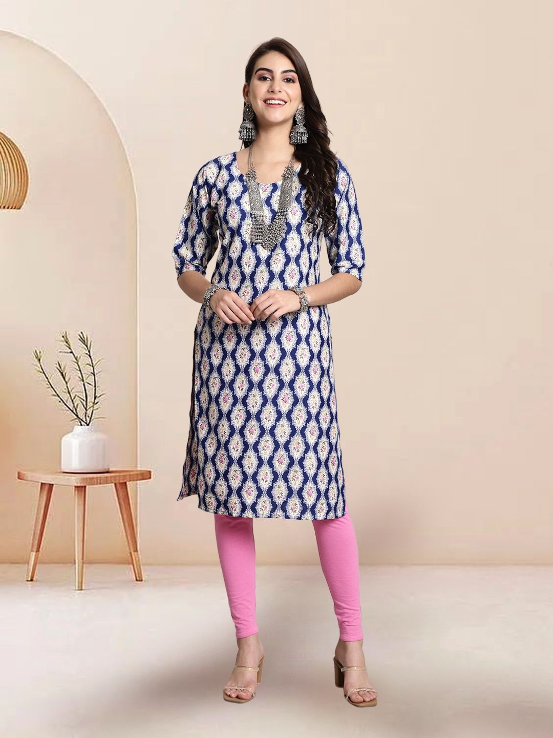 7Threads Selection Of 5 Floral Printed Round Neck Straight Kurtas, Blue