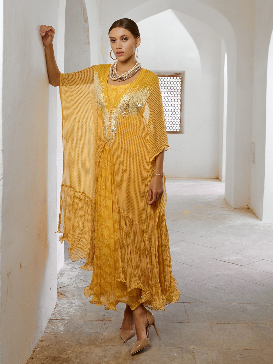 

Pallavi Jaipur Floral Printed Shoulder Straps Neck A-Line Maxi Dress & Shrug, Mustard