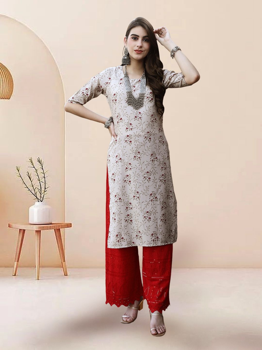 

7Threads Selection Of 6 Floral Printed Round Neck Straight Kurtas, Beige