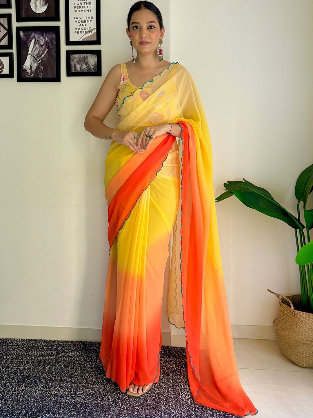 

A TO Z CART Tie and Dye Embroidered Pure Georgette Saree, Orange