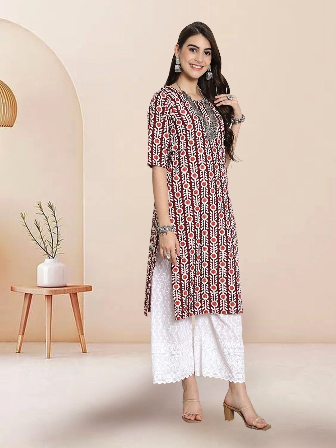 

7Threads Selection of 2 Ethnic Motifs Printed Round Neck Straight Kurtas, Maroon