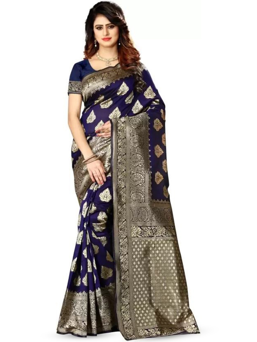 

SAADHVI Woven Design Zari Pure Silk Kanjeevaram Saree, Navy blue