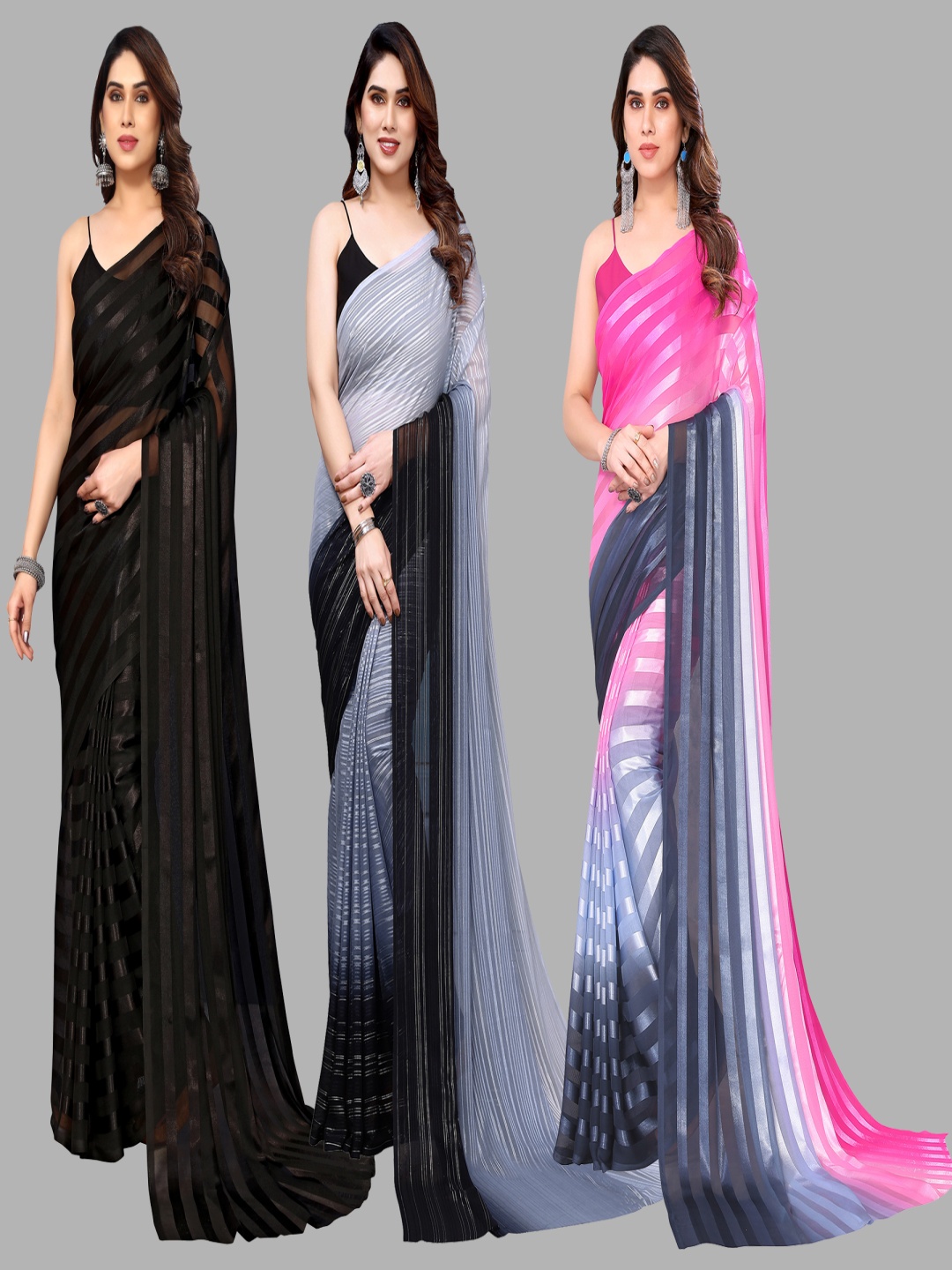 

ANAND SAREES Striped Satin Saree, Pink