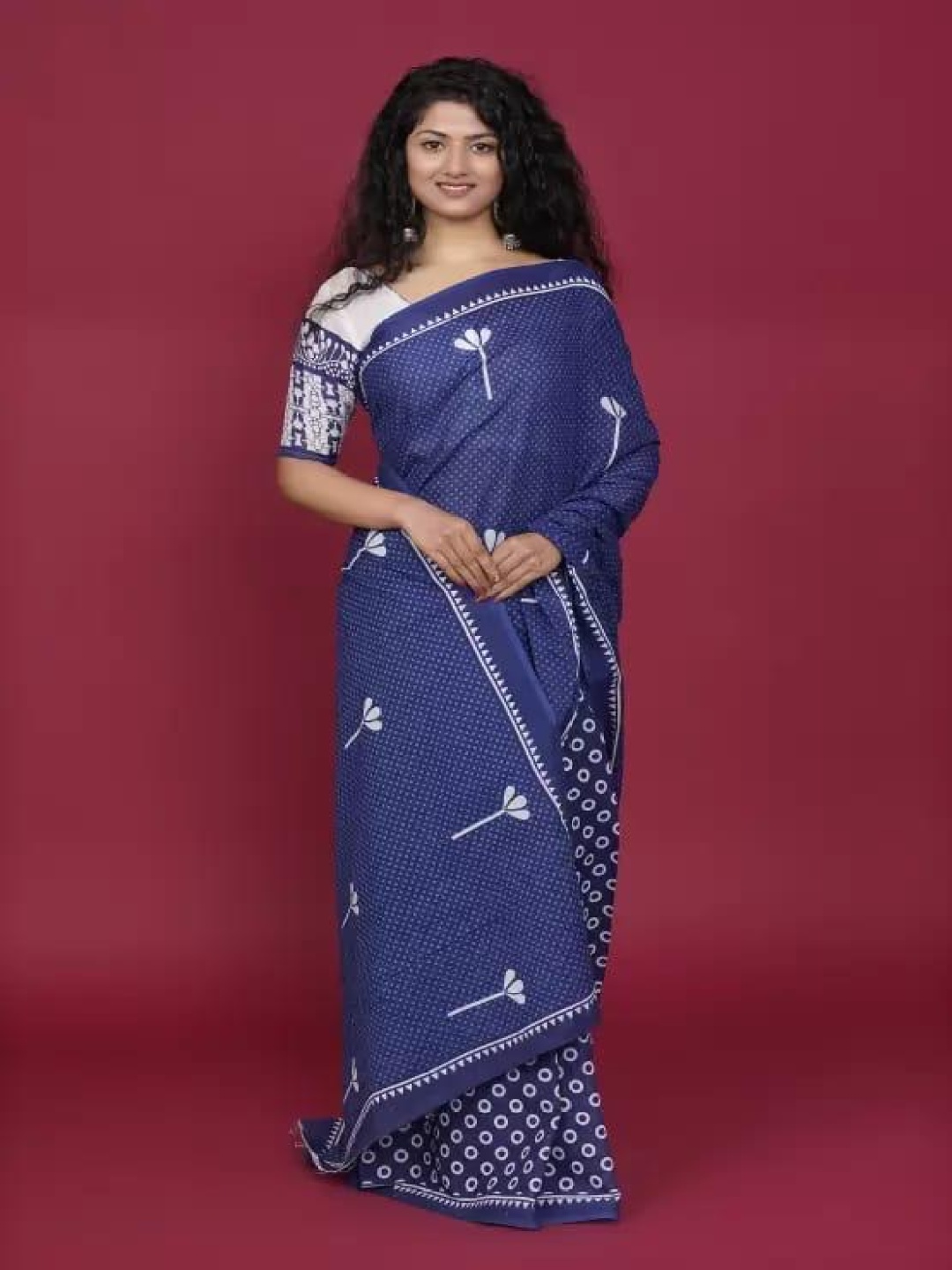 

TROPWEAR Ethnic Motifs Linen Blend Block Print Saree, Blue