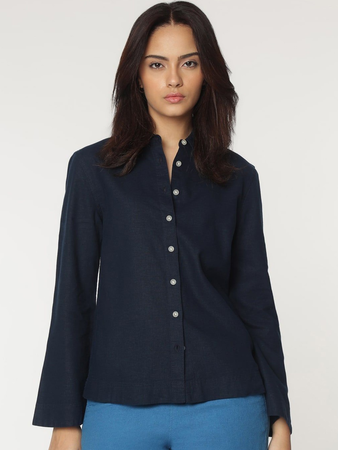 

Marks & Spencer Women Spread Collar Solid Linen Casual Shirt, Navy blue