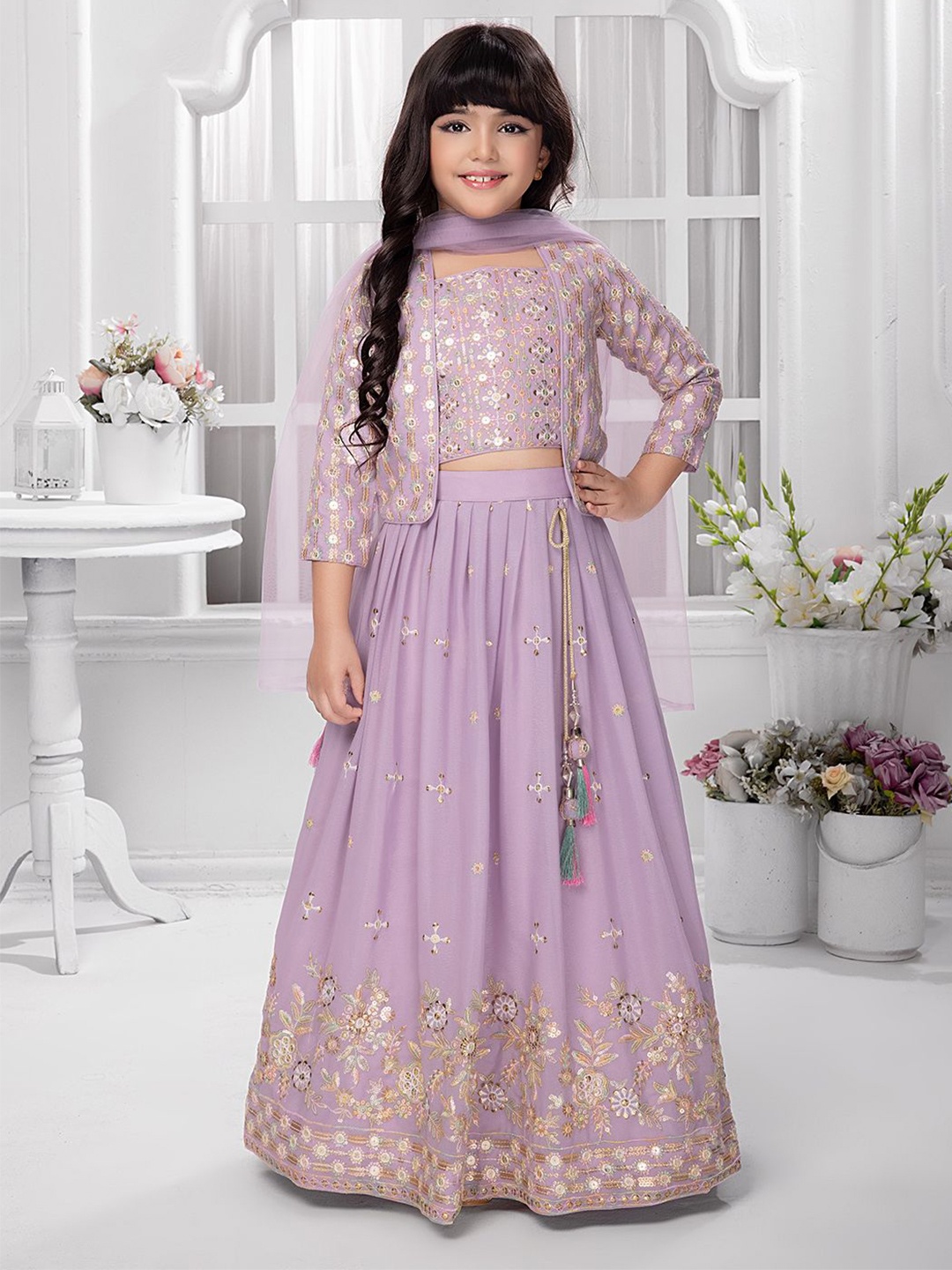 

Tiny Kingdom Girls Embroidered Sequinned Ready to Wear Lehenga & Blouse With Dupatta, Purple