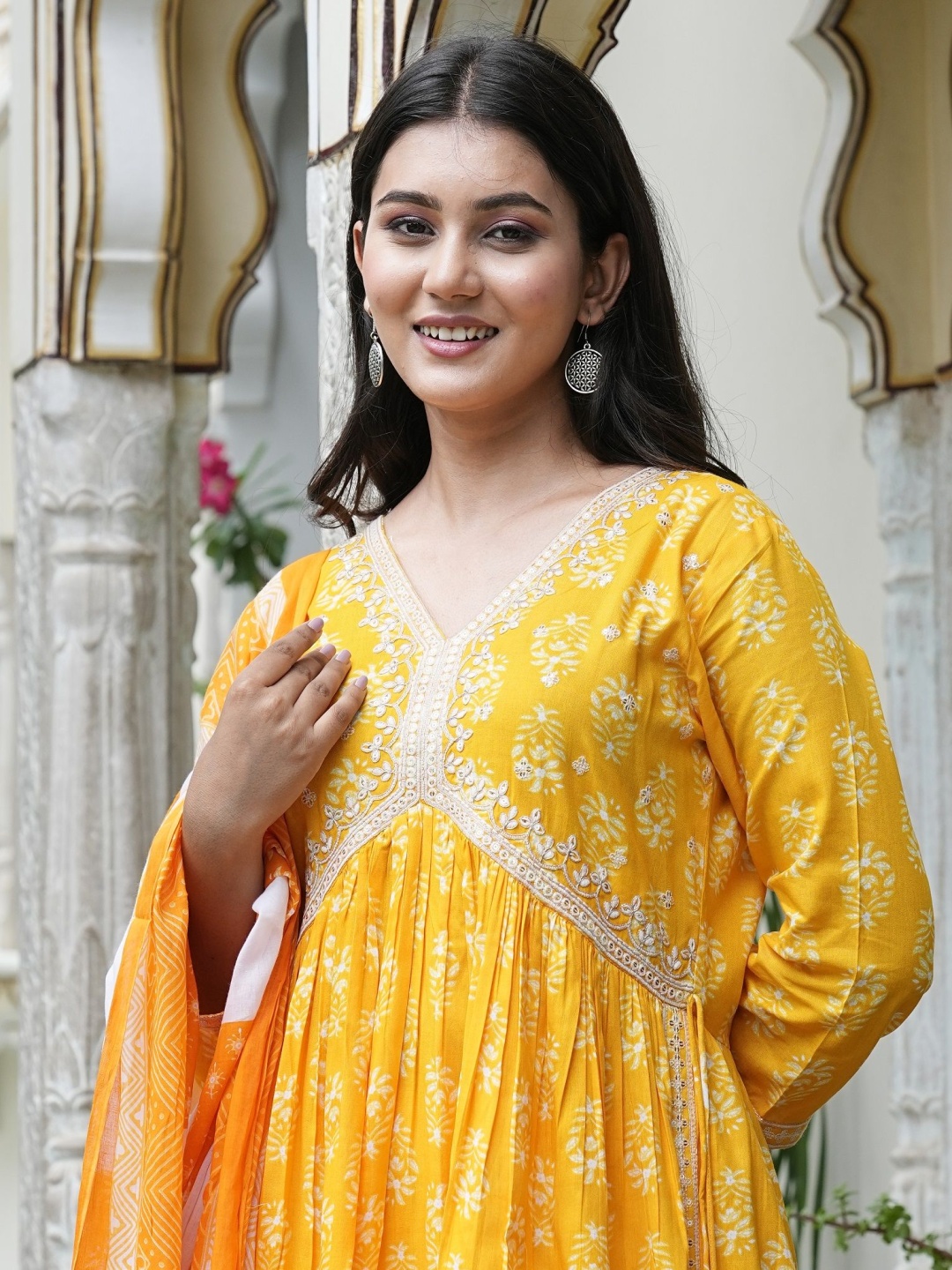 

ANNAYEMA APPARELS Floral Printed Sequinned Empire Anarkali Kurti With Trouser And Dupatta, Mustard