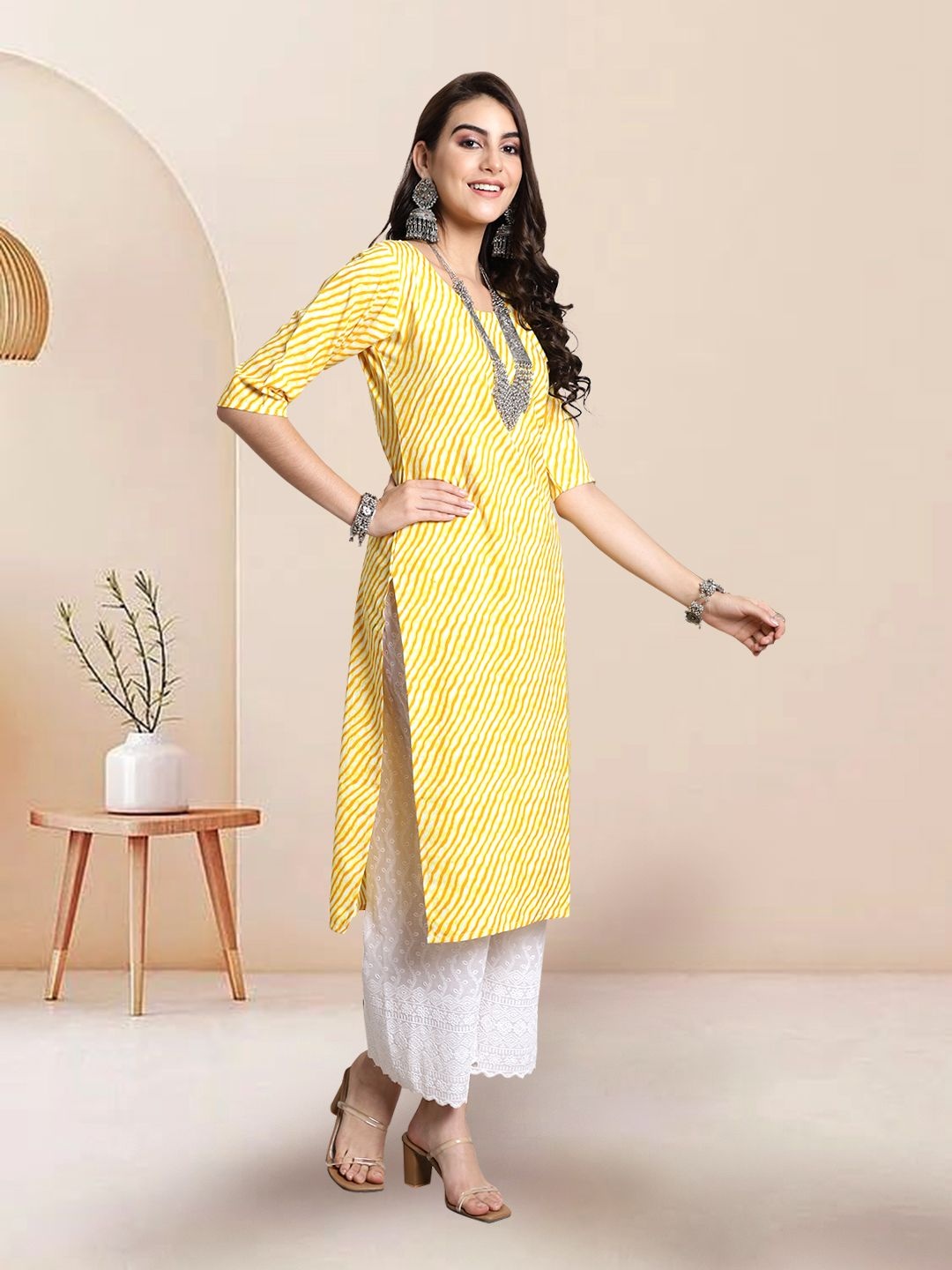 

7Threads Selection Of 2 Leheriya Printed Round Neck Kurtas, Yellow