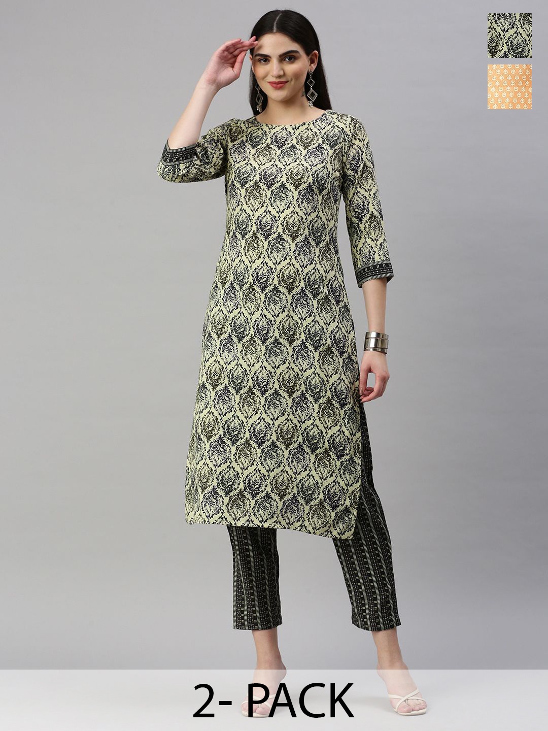 

KALINI Selection Of 2 Ethnic Motifs Printed Straight Kurtas With Trousers, Green