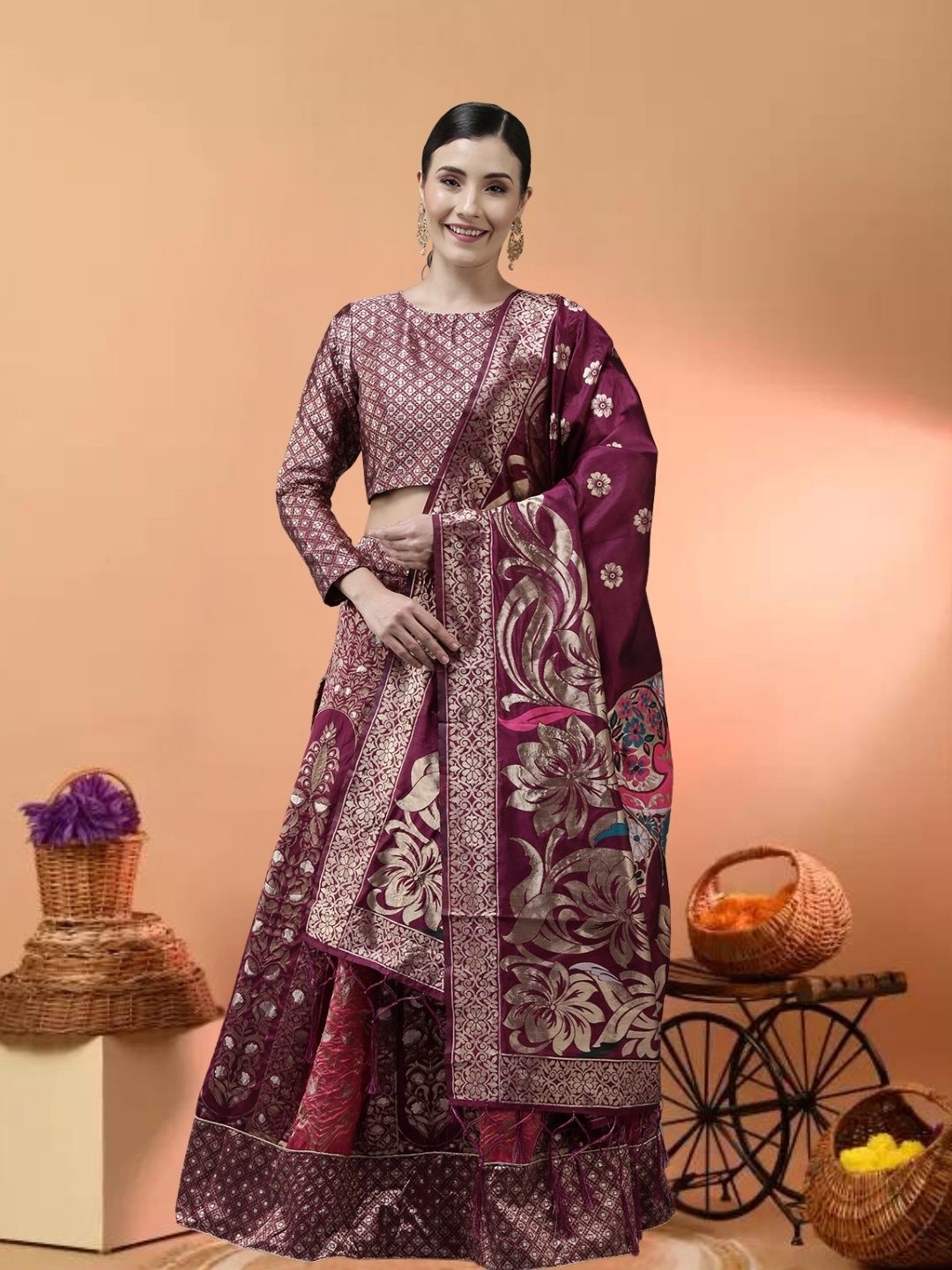 

MAGMINA Woven Design Zari Jacquard Semi-Stitched Lehenga & Unstitched Blouse With Dupatta, Purple