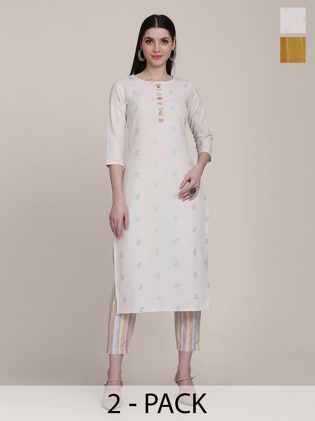 

KALINI Selection Of 2 Ethnic Motifs Printed Mandarin Collar Straight Kurtas with Trousers, White