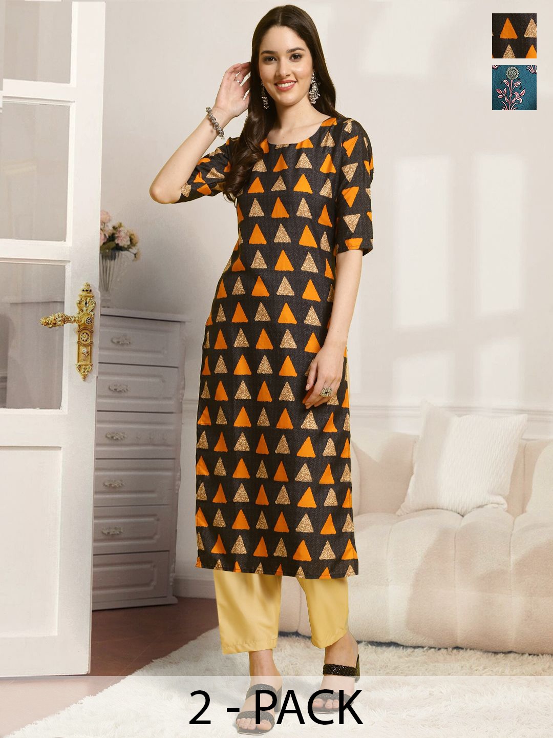 

7Threads Selection Of 2 Geometric Printed Round Neck Straight Kurtas With Trousers, Orange