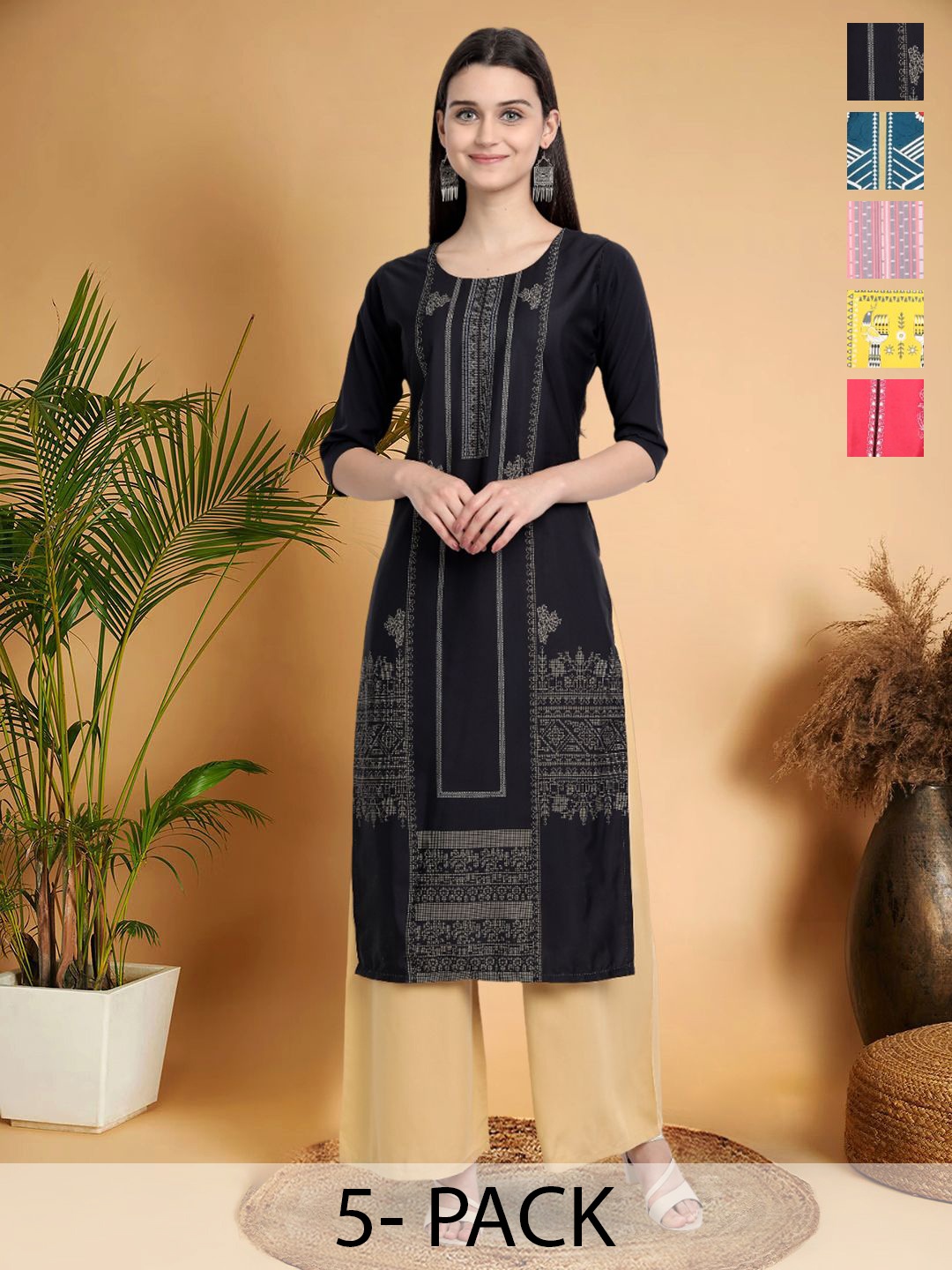 

7Threads Selection Of 5 Ethnic Motifs Printed Straight Kurtas, Black