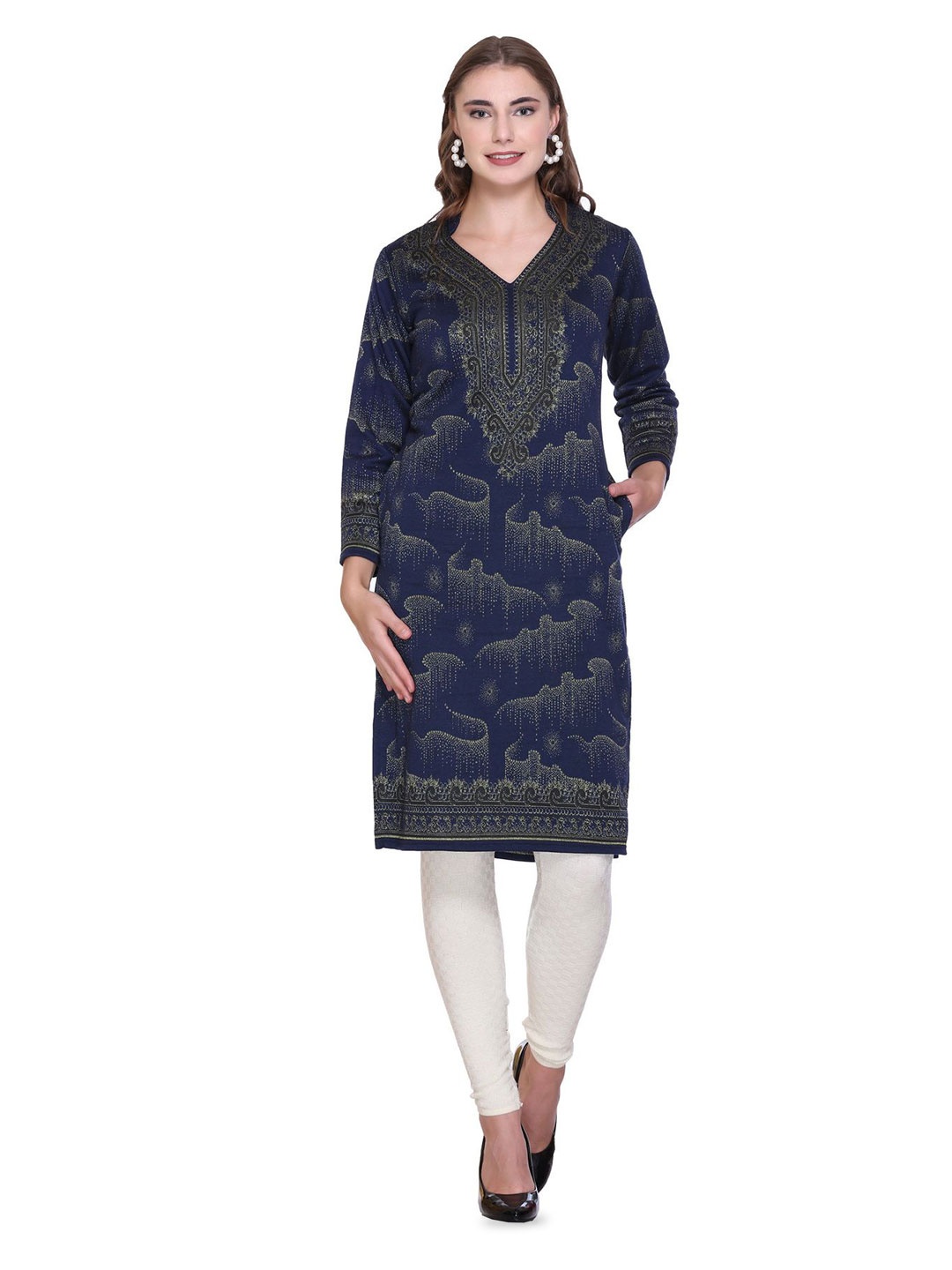 

ROSARY Ethnic Motifs Printed V-Neck Woolen Straight Kurta, Navy blue