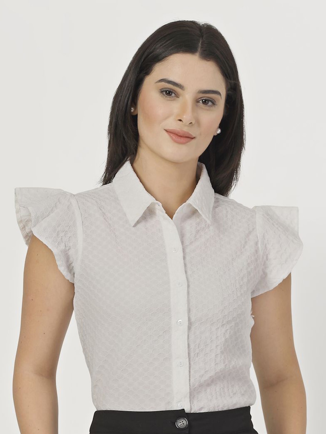 

Style Quotient Women Smart Fit Self Design Textured Cap Sleeves Shirt, White