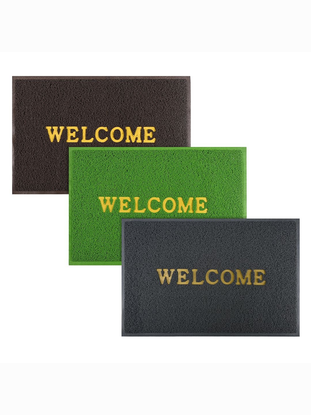 

Kuber Industries Brown & Green 3 Pieces Textured Anti Skid Rubber Doormats