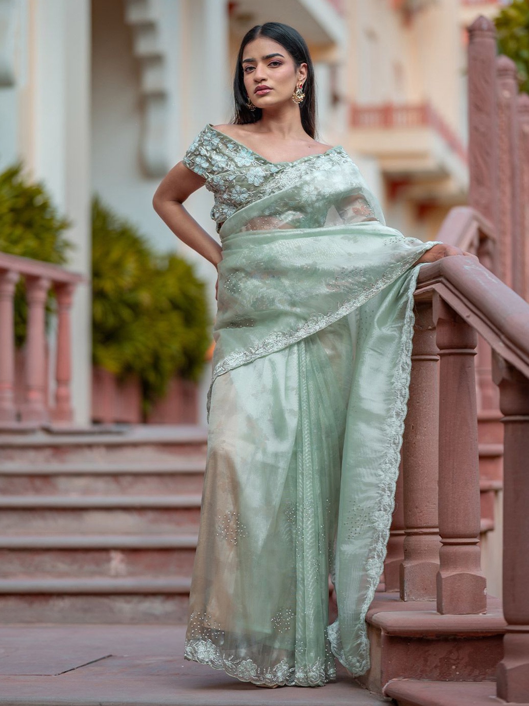 

Subhraya Embellished Tissue Saree, Green