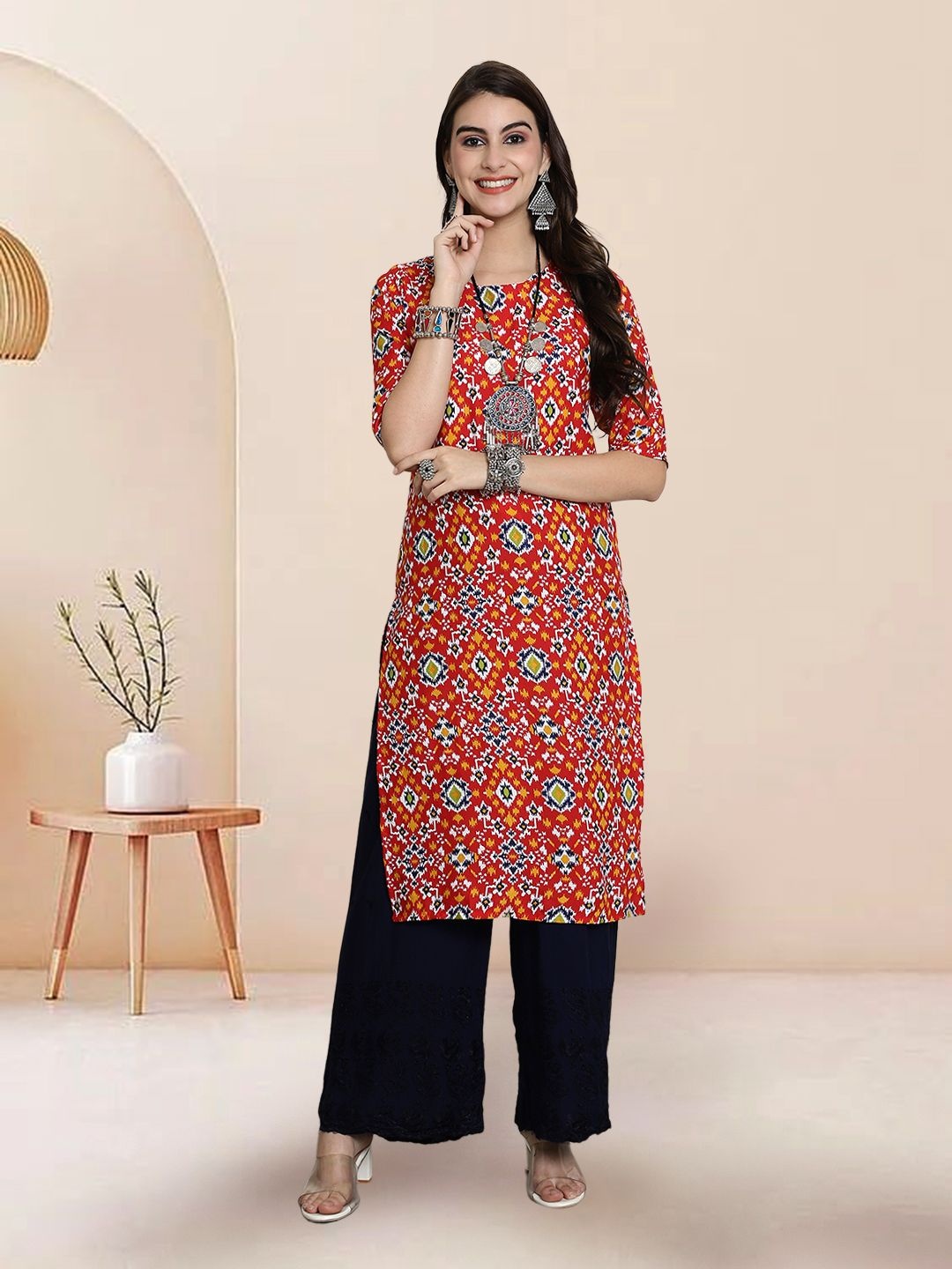 

7Threads Selection Of 6 Geometric Printed Round Neck Straight Kurtas, Red