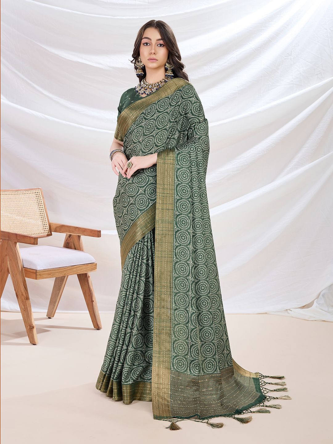 

Mitera Ajrak Printed Zari Tussar Saree, Green