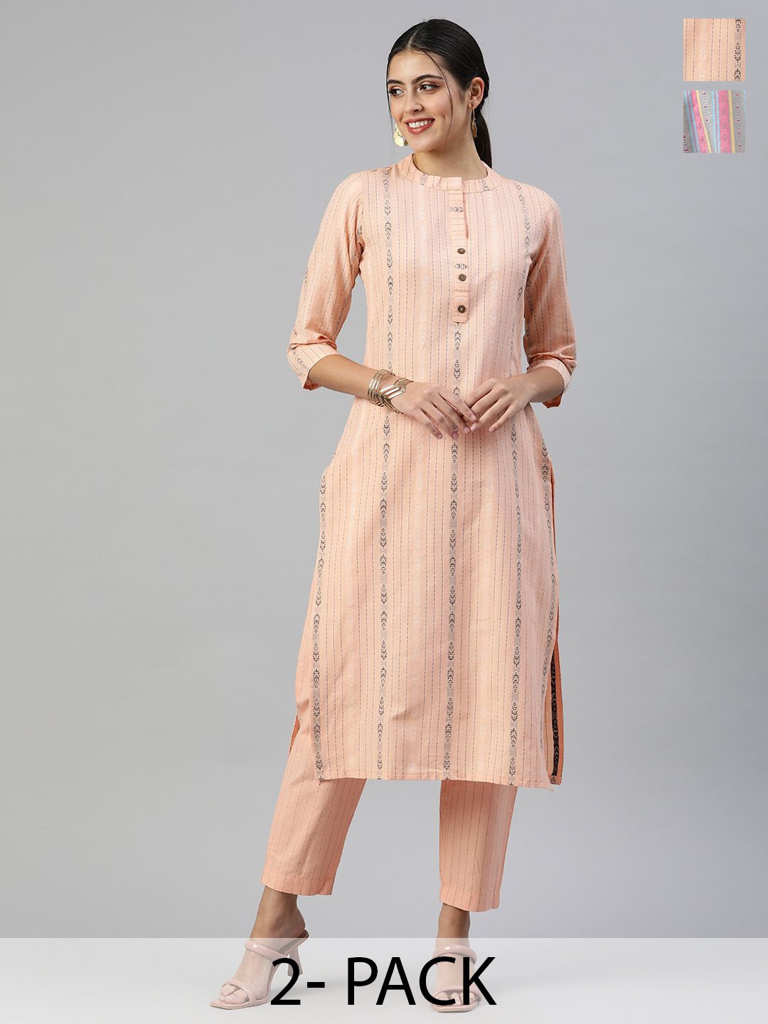 

KALINI Selection of 2 Striped Mandarin Collar Straight Kurta with Trousers, Peach
