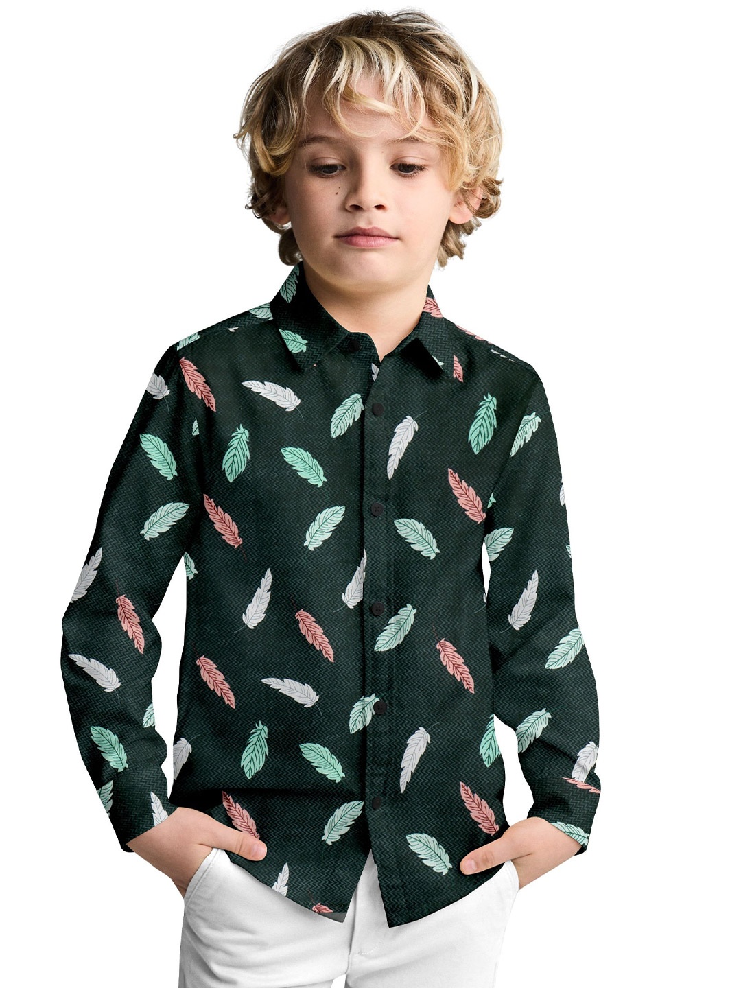 

cut & make Boys Classic Fit Spread Collar Floral Printed Casual Shirt, Green